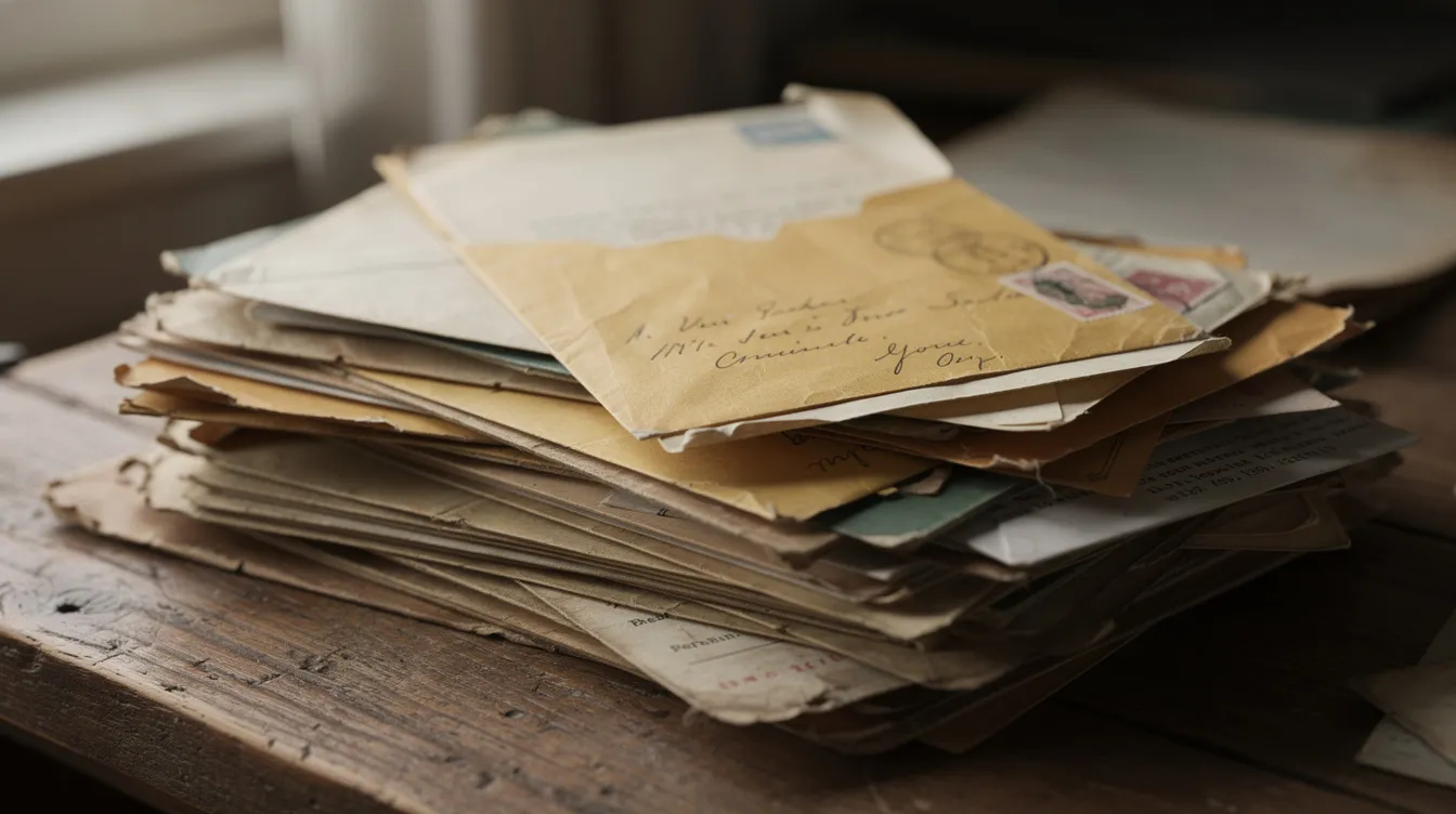 A stack of old paper documents and envelopes sits on a wooden desk, hinting at past investments and savings, possibly related to premium bonds. These papers could contain important details like a premium bond holder's number or information about unclaimed prizes and monthly prize draws.