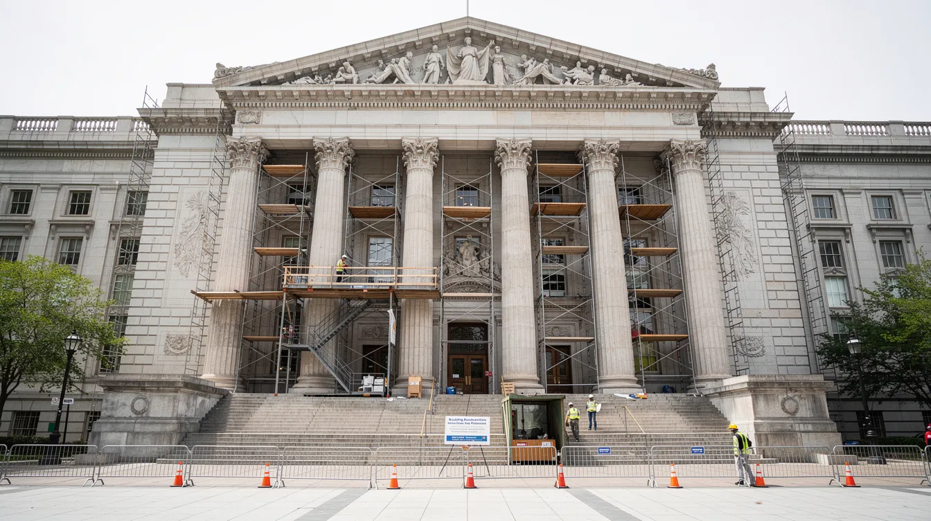 The image shows the exterior of a large stone civic building undergoing restoration work, surrounded by scaffolding that supports its historic columns. This project highlights the importance of historic preservation and adaptive reuse projects in maintaining the architectural integrity of older buildings.