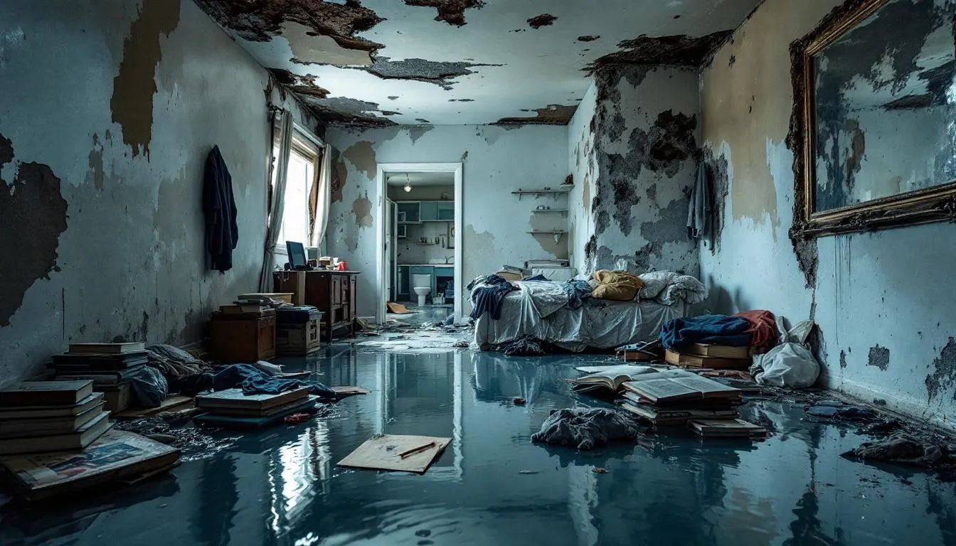 The Image Depicts A Person Sitting At A Desk, Reviewing A Flood Insurance Policy And Making Notes About The Insurance Claims Process, Highlighting The Importance Of Thorough Documentation And Communication With The Insurance Adjuster After Water Damage Occurs. The Scene Emphasizes The Need For Property Owners To Understand Their Coverage Limits And The Steps Involved In Filing A Water Damage Insurance Claim.