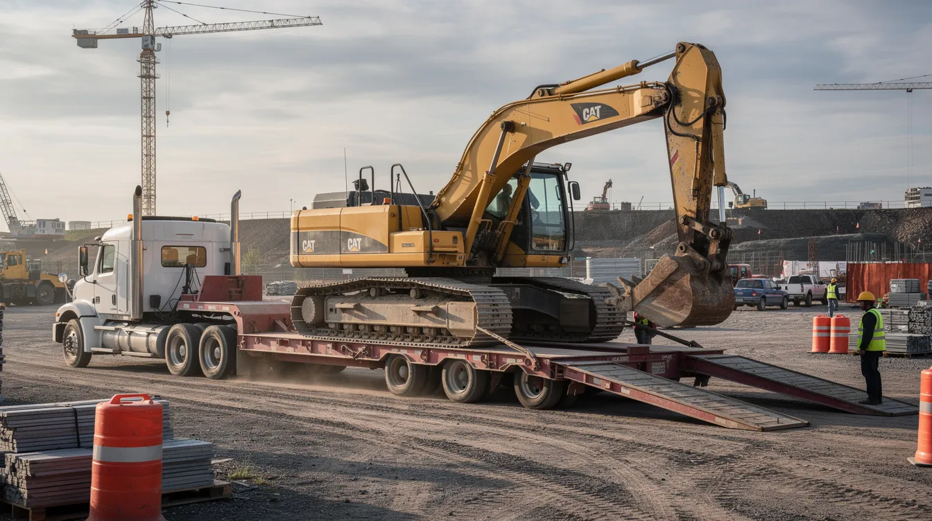 A large excavator is being loaded onto a lowboy trailer at a construction staging area, showcasing the heavy equipment transport process. The scene highlights the careful handling and logistics involved in equipment hauling for construction projects.