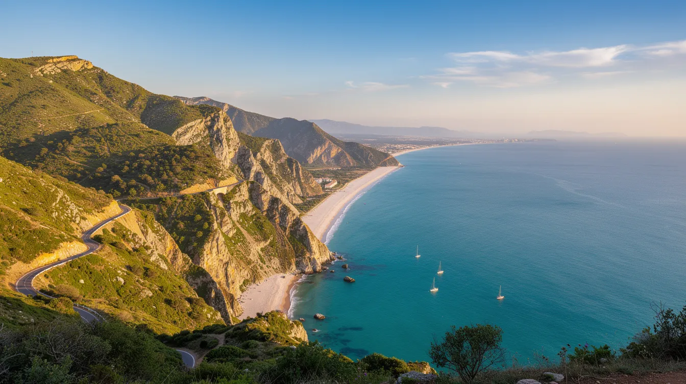 A imagem retrata a Serra da Arrábida, em Portugal, com suas impressionantes falésias e vegetação exuberante, destacando-se ao fundo o estuário do Rio Sado. A paisagem é marcada por praias de águas cristalinas e uma vista deslumbrante da costa, ideal para visitantes que buscam experiências na região de Setúbal.