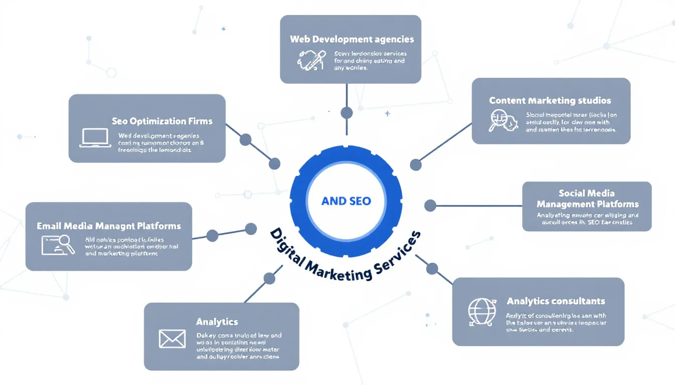 In this image, various types of web and SEO service providers are depicted, showcasing elements like SEO strategies, digital marketing techniques, and website design. The visual highlights how these services contribute to online visibility and business growth, emphasizing the importance of SEO services and effective digital strategies for achieving online success.