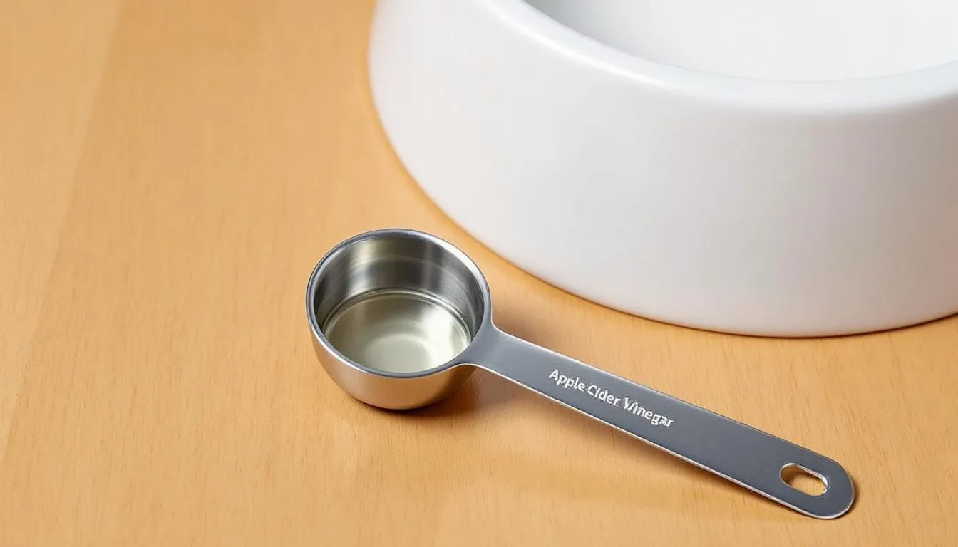 A measuring spoon filled with diluted apple cider vinegar sits beside a dog bowl, highlighting the potential health benefits of adding apple cider vinegar to a dog
