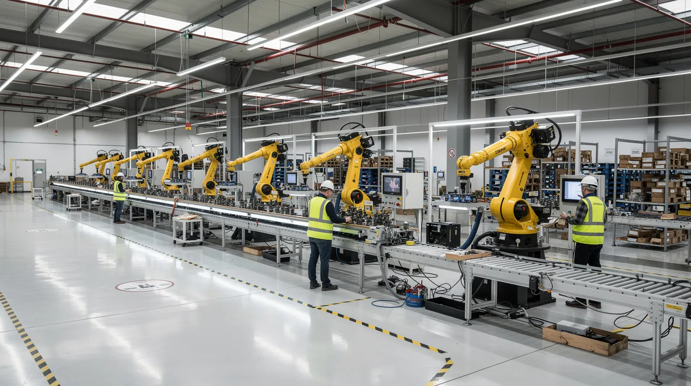 The image shows a wide-angle view of a modern manufacturing plant floor, featuring conveyors and robotic arms actively at work, while workers in safety vests inspect equipment. This environment emphasizes effective asset management and maintenance management processes, highlighting the importance of optimizing asset performance and ensuring equipment reliability in production systems.
