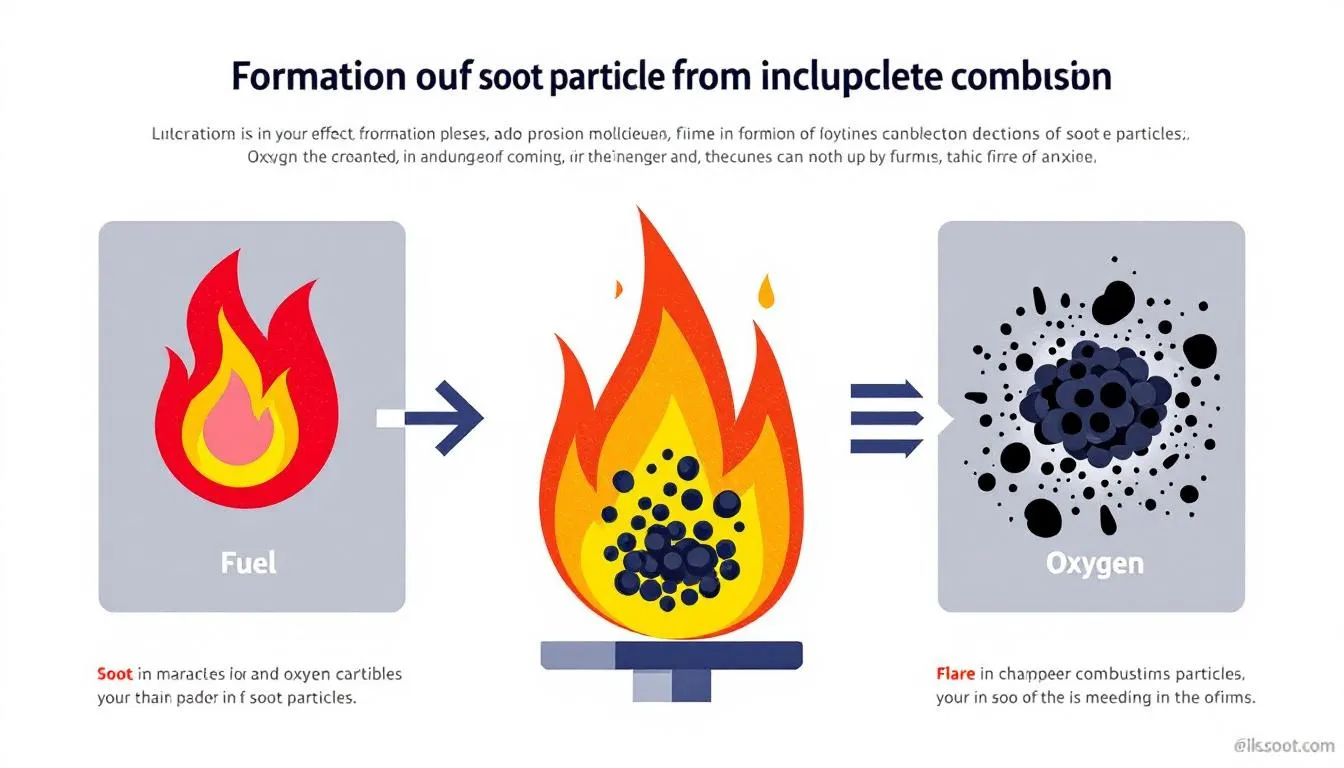 An illustration showing the formation of soot particles from incomplete combustion.