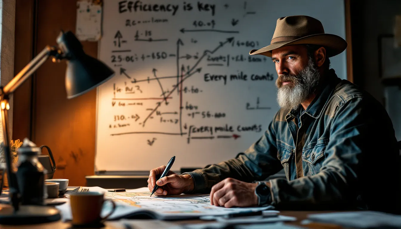 A truck driver analyzing a route map to optimize driving hours and maximize earnings.