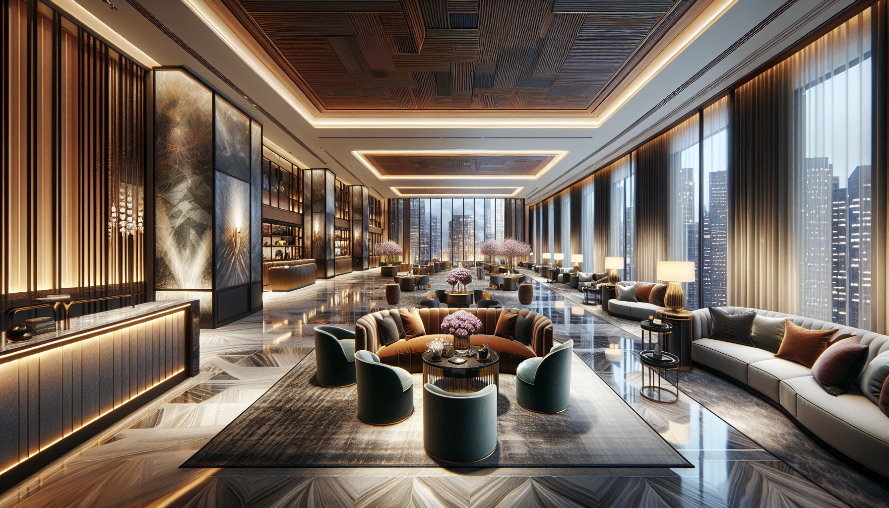 Luxurious hotel lobby with modern decor and panoramic views