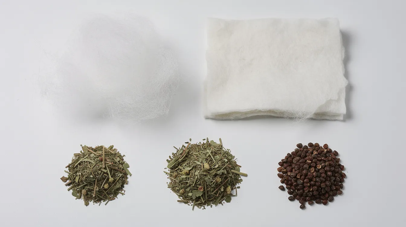 The image features a variety of toy filling materials for cat toys arranged on a white surface, including fluffy white polyester fiberfill, raw cotton batting, dried catnip leaves, and buckwheat hulls. These materials are ideal for creating durable kicker toys that provide mental stimulation and interactive play for many cats.