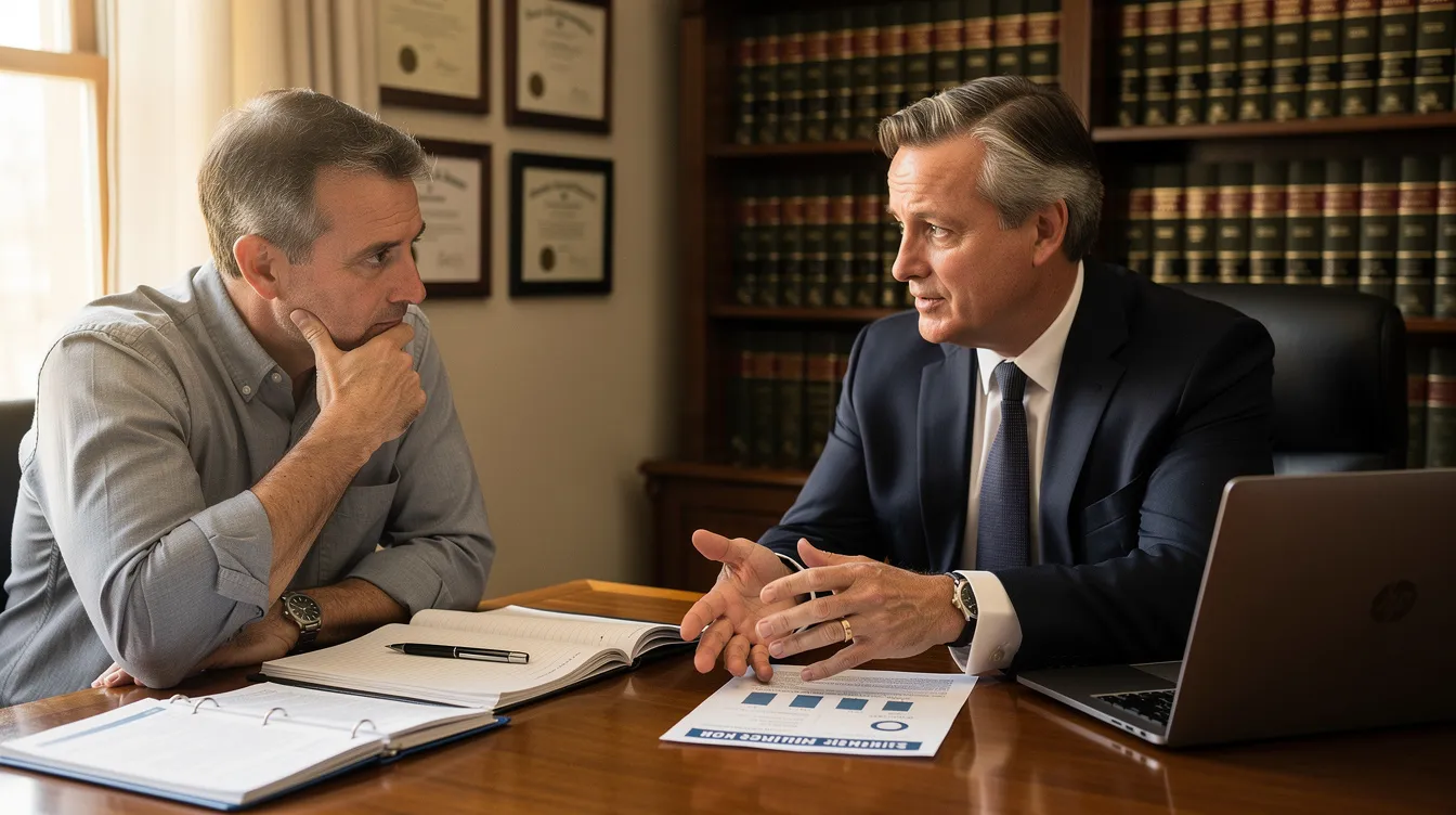 The image shows Attorney Ted Coenen sitting at a desk with his client, discussing the eligibility for social security disability benefits. They are reviewing detailed records and medical evidence to help the client understand how to qualify for SSDI benefits and navigate the social security administration's requirements.