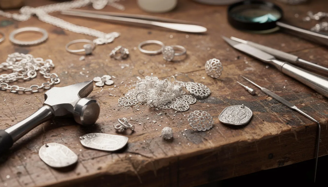 The image features a close-up view of traditional jewellery crafting tools arranged neatly on a wooden workbench, with various silver pieces scattered around. This scene highlights the craftsmanship and expertise essential in the jewellery industry, reflecting the commitment to quality and professionalism upheld by members of the National Association of Jewellers.