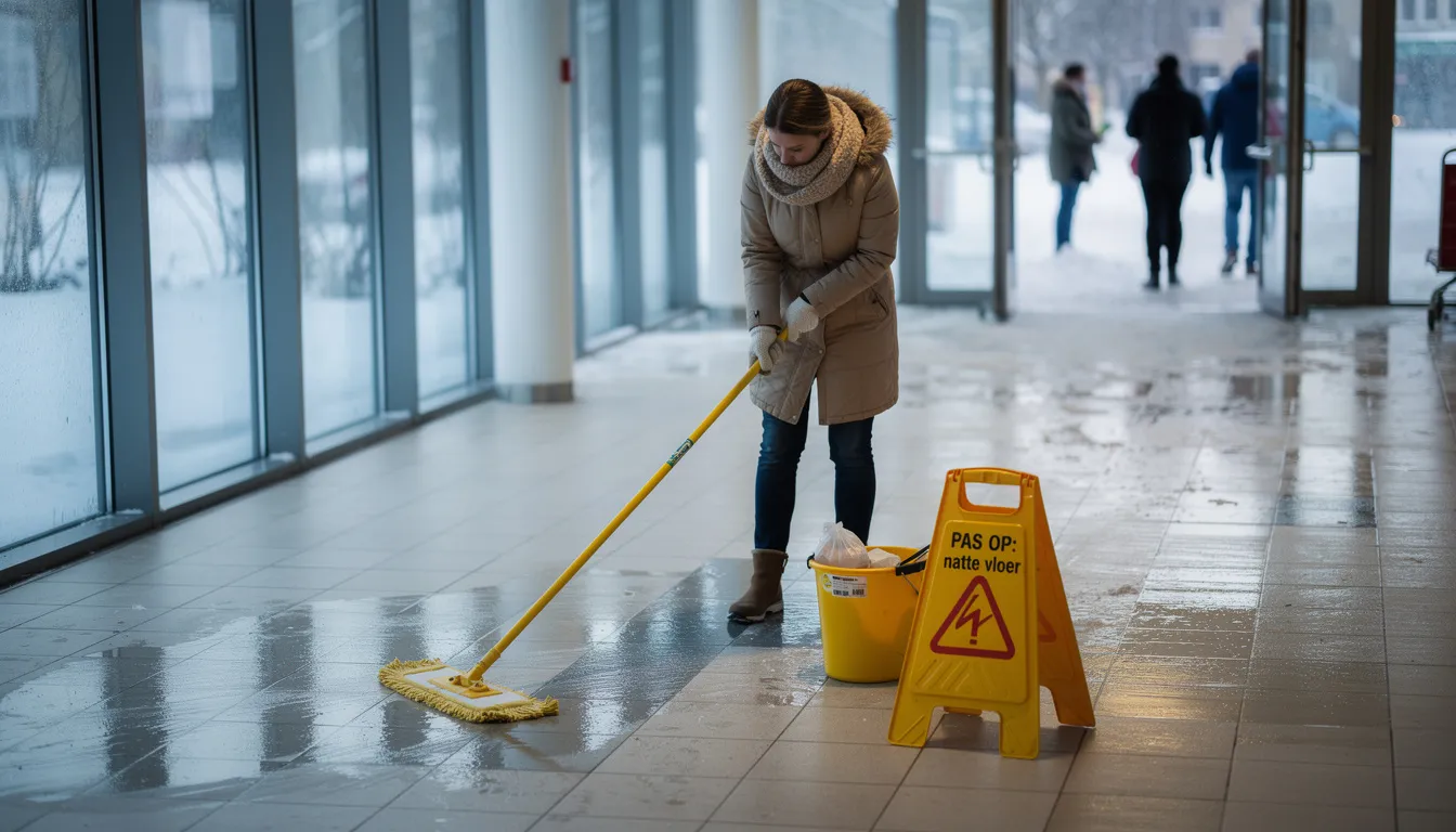 Een persoon maakt zorgvuldig de vloer droog in een hal terwijl de winterse kou naar binnen komt, wat essentieel is om vochtproblemen en schadelijke stoffen te voorkomen. Het goed ventileren van de ruimte helpt om de binnenluchtkwaliteit te verbeteren en ervoor te zorgen dat de woning gezond blijft.