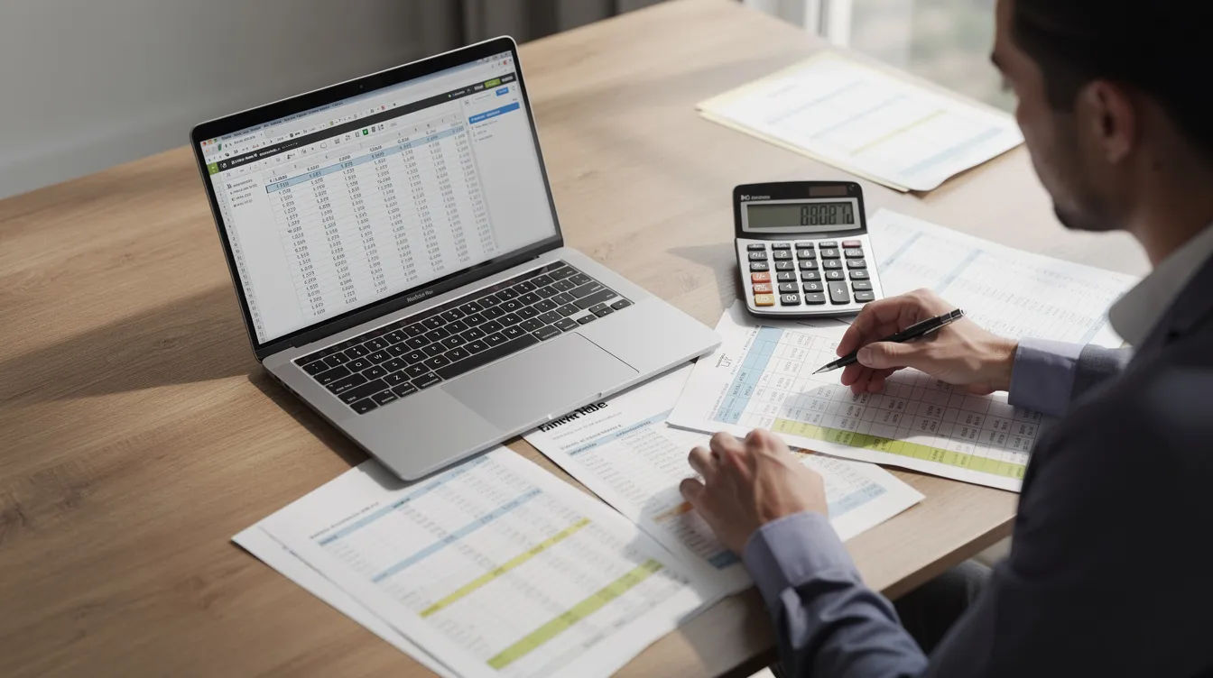 3dbdeff6 ebac 4ff7 8778 70221c94b1b5 A person is seated at a desk, focused on financial calculations with a laptop open, a calculator in hand, and printed spreadsheets scattered around. The scene reflects a detailed analysis of hotel financial health, including concepts like fixed and variable costs, break even analysis, and occupancy rates essential for managing room sales and profitability.