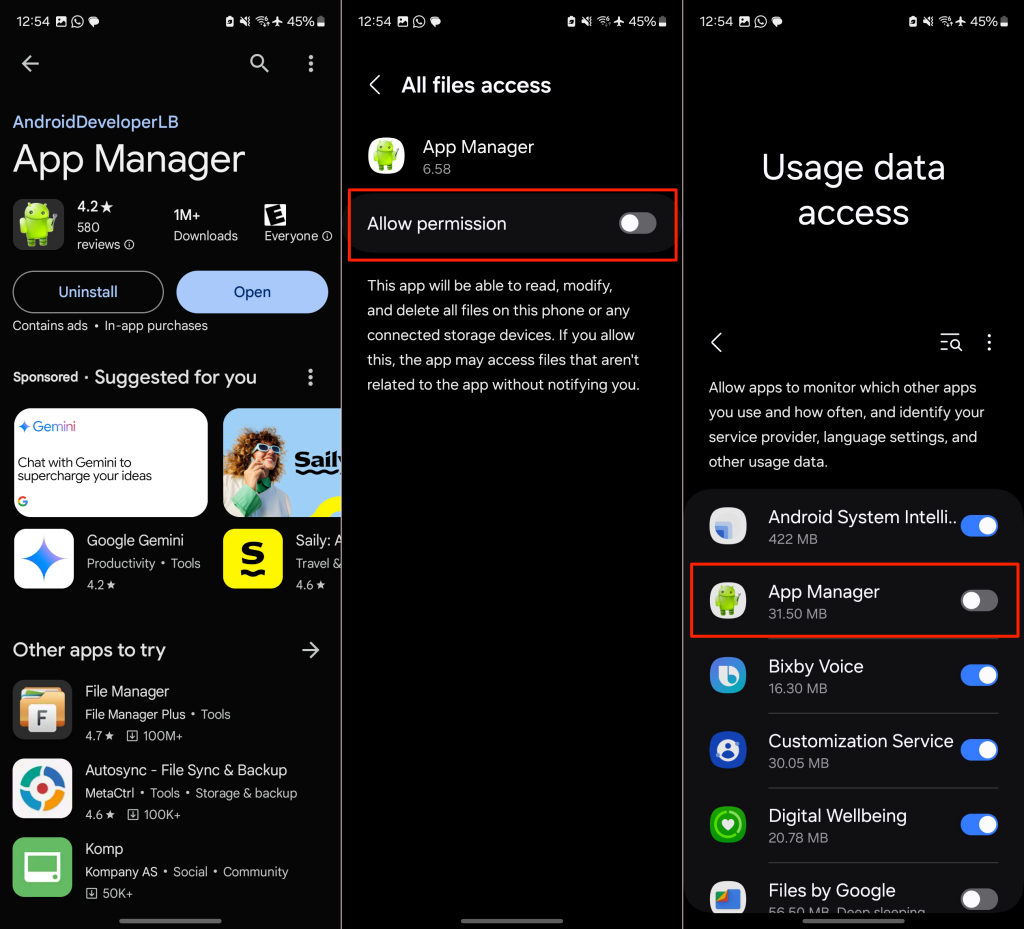 "App Manager" app permissions in Android