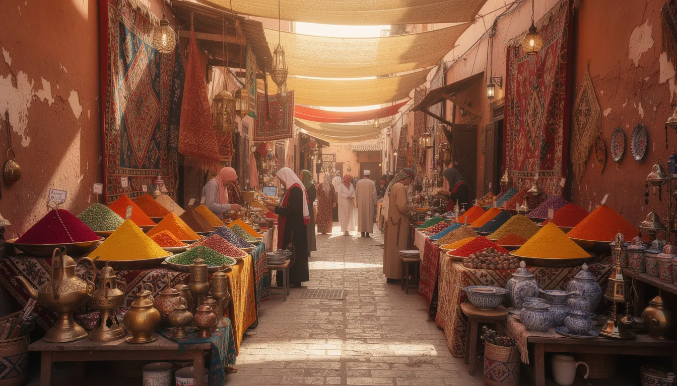 The image depicts vibrant market stalls in a Moroccan medina, showcasing a colorful array of spices and textiles that reflect the rich local culture. This bustling scene captures the essence of Morocco's vibrant markets, inviting travelers to explore its unforgettable adventures.