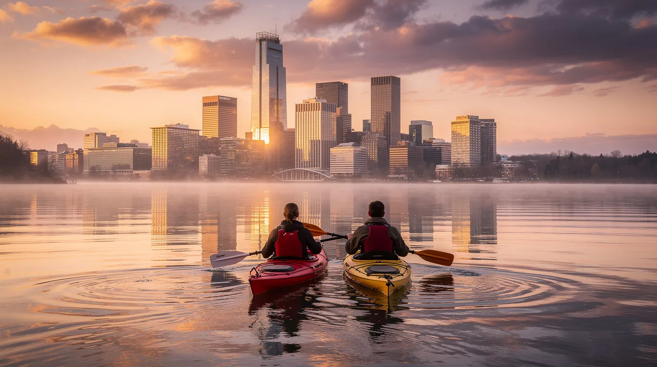 Two people are kayaking on a calm lake at sunset, with the vibrant hues of the Austin sunset reflecting on the water and the stunning downtown Austin skyline in the background. This serene scene offers a romantic atmosphere, perfect for a first date or a fun way to enjoy a night out in the city.