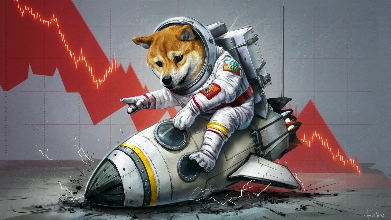 An illustration showcasing the DOGE memecoin dog crashing its rocket. 