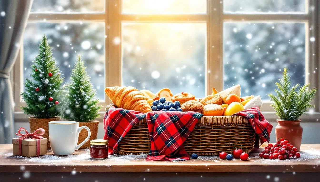 A beautifully arranged christmas morning breakfast basket filled with various breakfast items.
