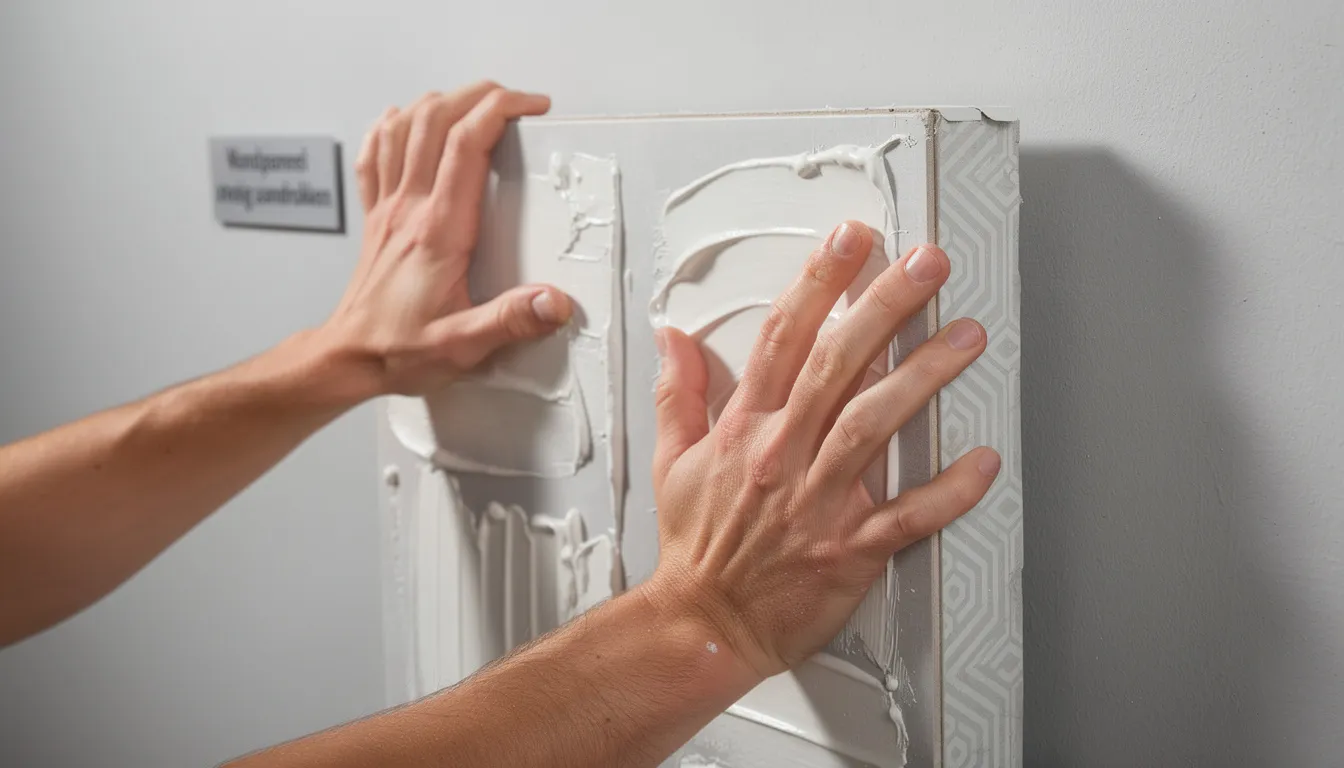 Twee handen drukken een decoratief wandpaneel van geëxpandeerd polystyreen tegen een muur, waarbij de montagelijm zichtbaar is op de achterkant. Dit lichtgewicht paneel, ideaal voor zowel binnen- als buitentoepassingen, biedt een unieke uitstraling en kan eenvoudig geïnstalleerd worden voor een stijlvolle wandbekleding.