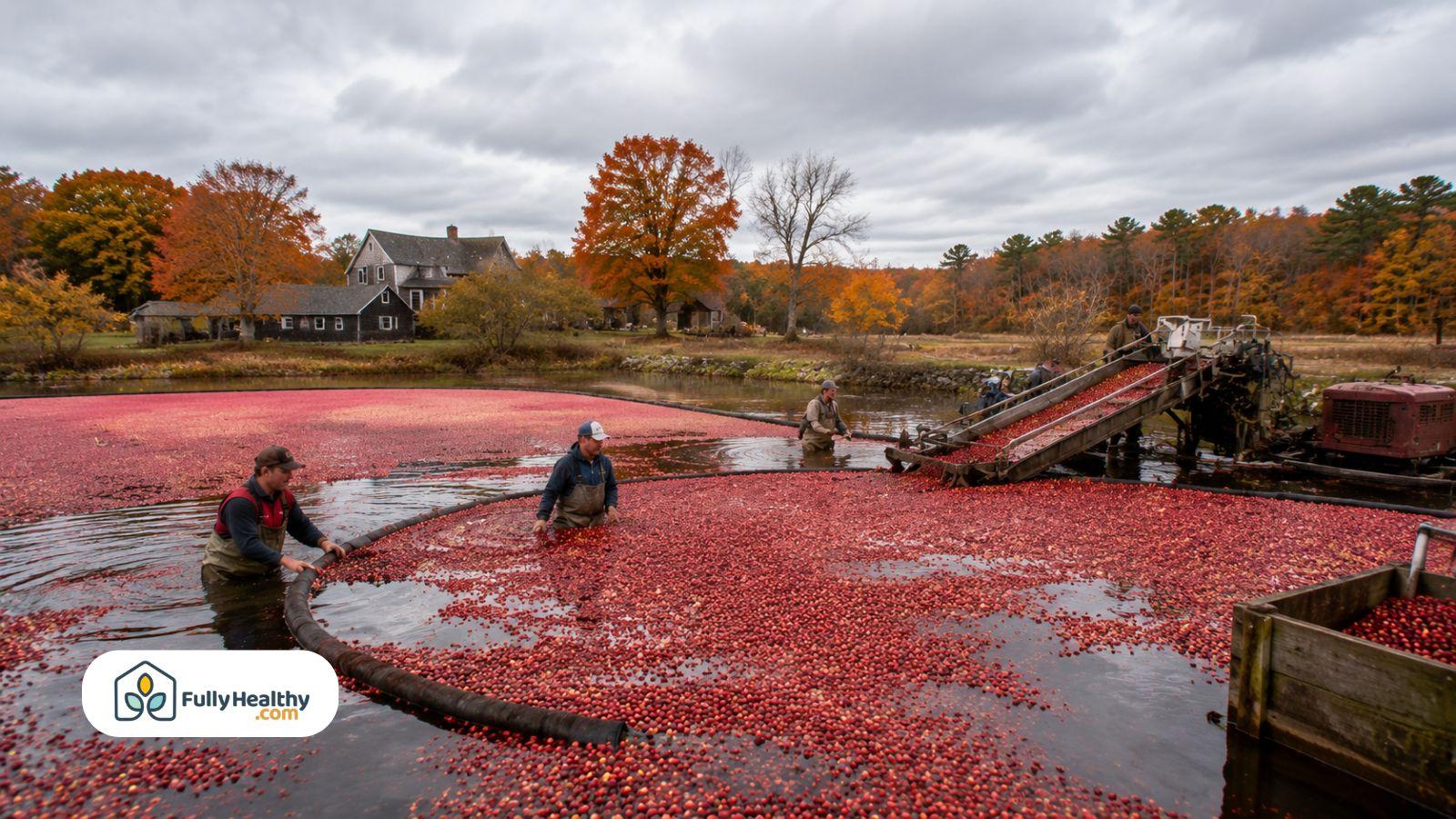 Workers harvesting cranberries from flooded bogs during autumn season