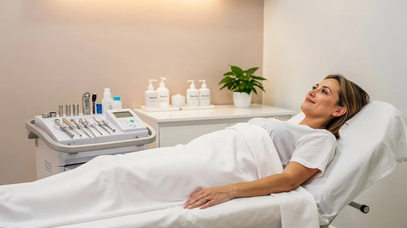 A patient reclining comfortably on a treatment bed in a clean, softly lit medical clinic room, preparing for a microneedling treatment.