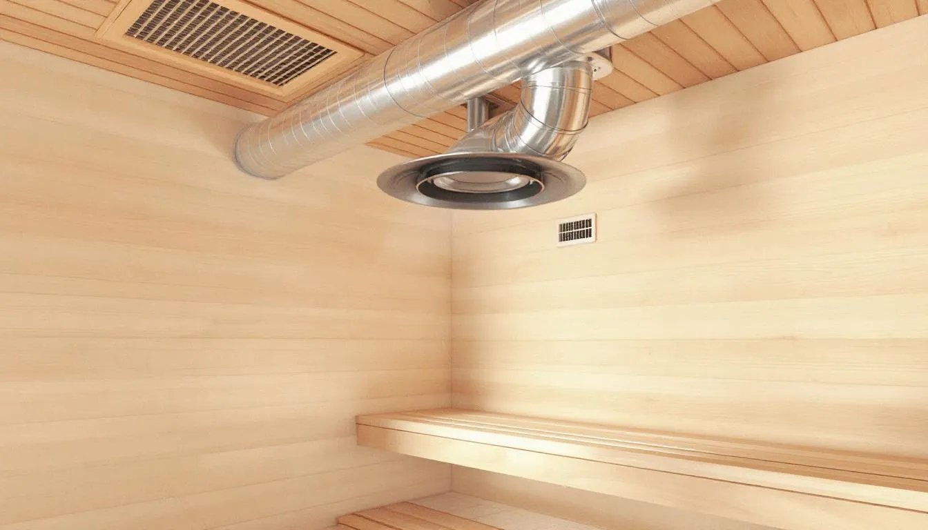 The image depicts a sauna with ventilation systems designed to enhance cold exposure, showcasing a contrast between the warm interior and the cold air outside. This setting emphasizes the health benefits of cold water immersion, such as improved blood flow and mental health, as well as the invigorating effects of transitioning from heat to cold temperatures.