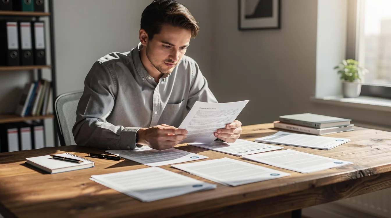 A person is seated at a wooden desk, intently reviewing printed documents and papers, which may include information about cannabis management and New York's hemp laws. The scene suggests a focus on understanding the legal status of hemp-derived products and compliance with federal and state regulations.