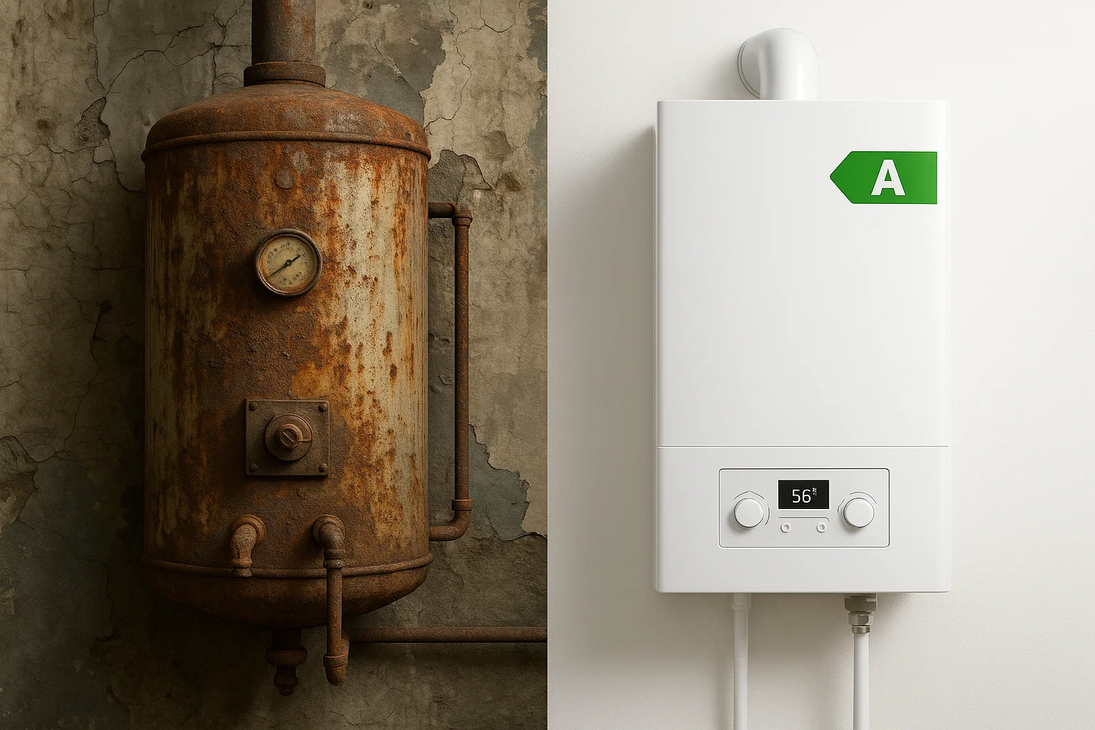 Comparison of an old worn boiler next to a newly installed A-rated boiler.