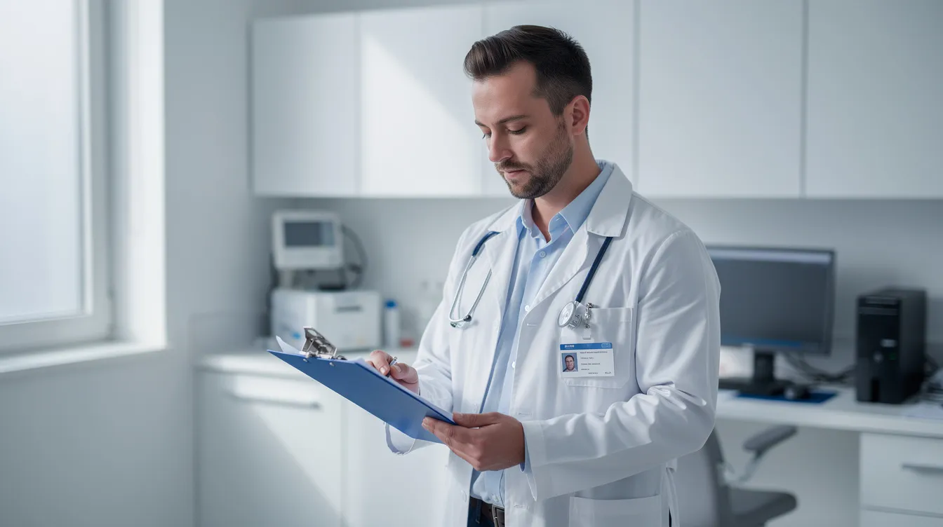 A medical professional is seen in a clinical setting, intently reviewing lab results on a clipboard, which may include objective medical evidence pertinent to various health conditions, including diabetes complications. This scene highlights the importance of accurate medical records in the context of social security disability claims and the assessment of disability benefits for diabetes.