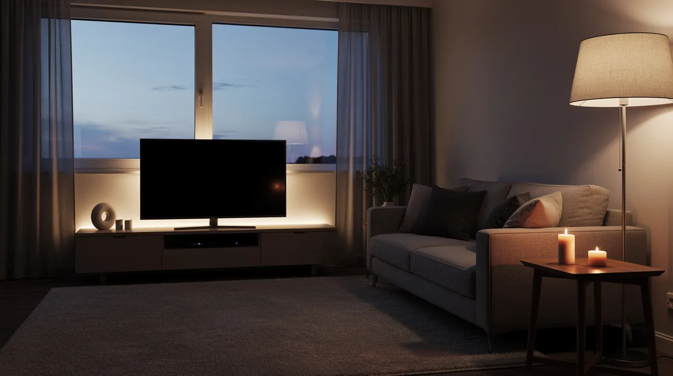 En mysig kvällsscen i ett vardagsrum med mjukt LED-ljus bakom TV:n, en golvlampa bredvid soffan och levande ljus på ett sidobord. Den stämningsfulla belysningen skapar en lugn känsla i rummet, perfekt för avkoppling och inspiration till inredning.