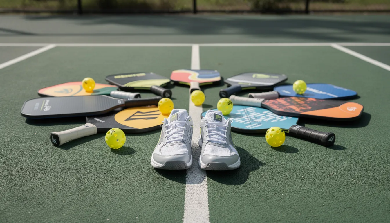 A vibrant collection of various pickleball paddles, balls, and court shoes is neatly arranged on an outdoor court surface, showcasing the essential gear for anyone ready to play pickleball. This image captures the spirit of the sport, inviting families and friends to connect and enjoy a fun game together.