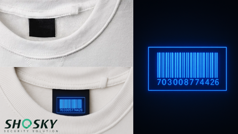 Close-up of a UV-black label inside a shirt collar that glows under special light 