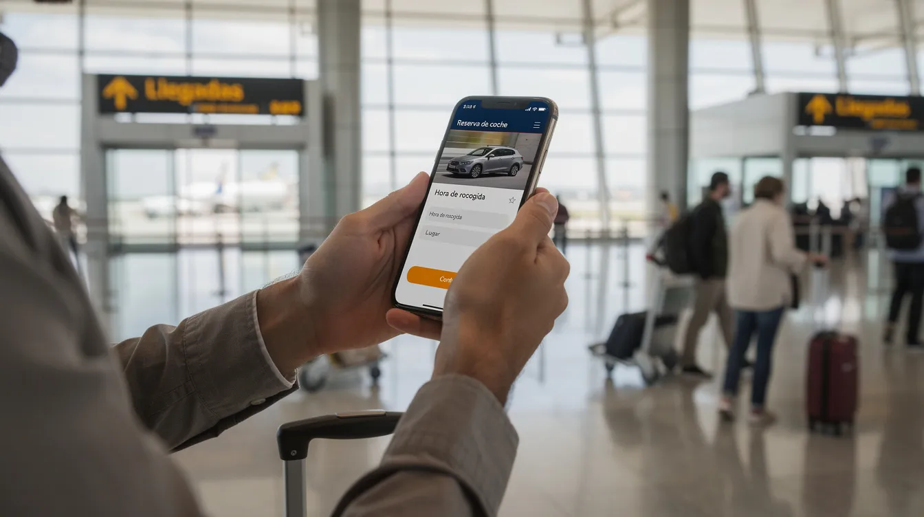 Un voyageur consulte une réservation de voiture sur son téléphone dans la zone d'arrivée d'un port.