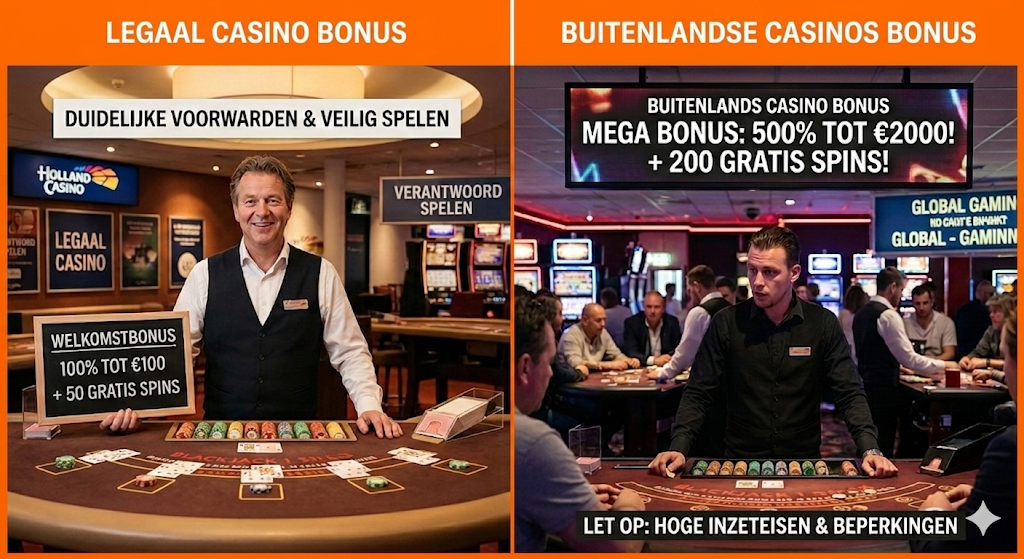 Vergelijking tussen legale casino bonus in Nederland met KSA-vergunning en buitenlandse casino bonussen met hogere promoties maar strengere inzetvoorwaarden en beperkingen.
