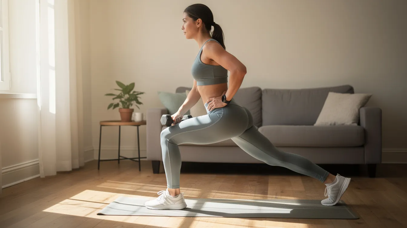 Eine Person führt Ausfallschritte als Fitnessübung in einem Wohnzimmer aus, um ihre Muskulatur zu stärken und das Gleichgewicht zu verbessern, was für das Skifahren lernen wichtig ist. Im Hintergrund sind Möbel und Dekorationen zu sehen, die eine gemütliche Atmosphäre schaffen.