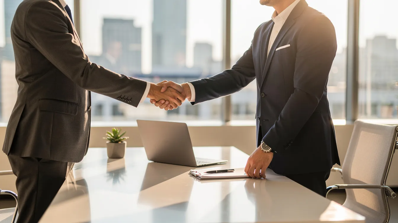 In a bright office setting, two professionals are engaged in a firm handshake across a desk, symbolizing a successful greeting and collaboration. The atmosphere conveys a sense of professionalism and mutual respect, reflecting the importance of strong working relationships.