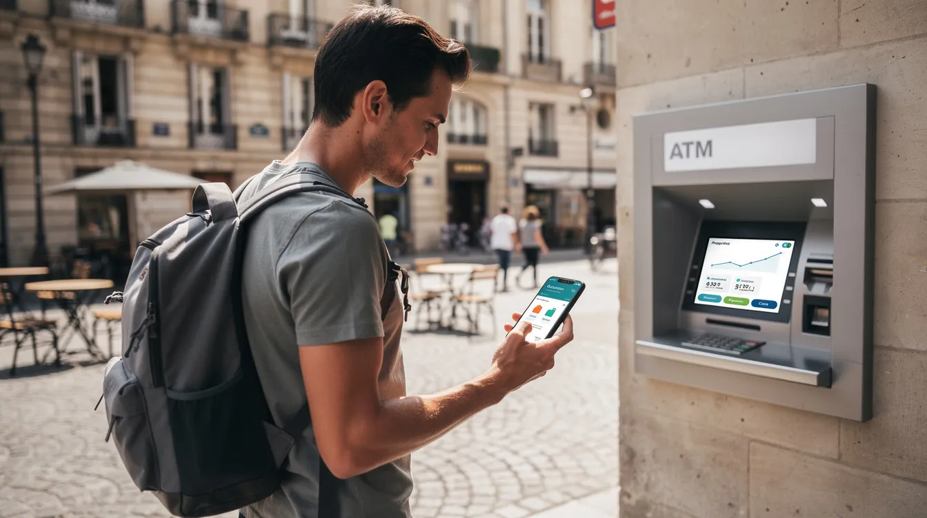 A traveler stands in a European city plaza, checking their banking app on a smartphone to manage cash withdrawals from a nearby ATM. They are likely considering the best options for withdrawing money, including potential atm fees and exchange rates, while ensuring they can use their debit card abroad without incurring extra charges.