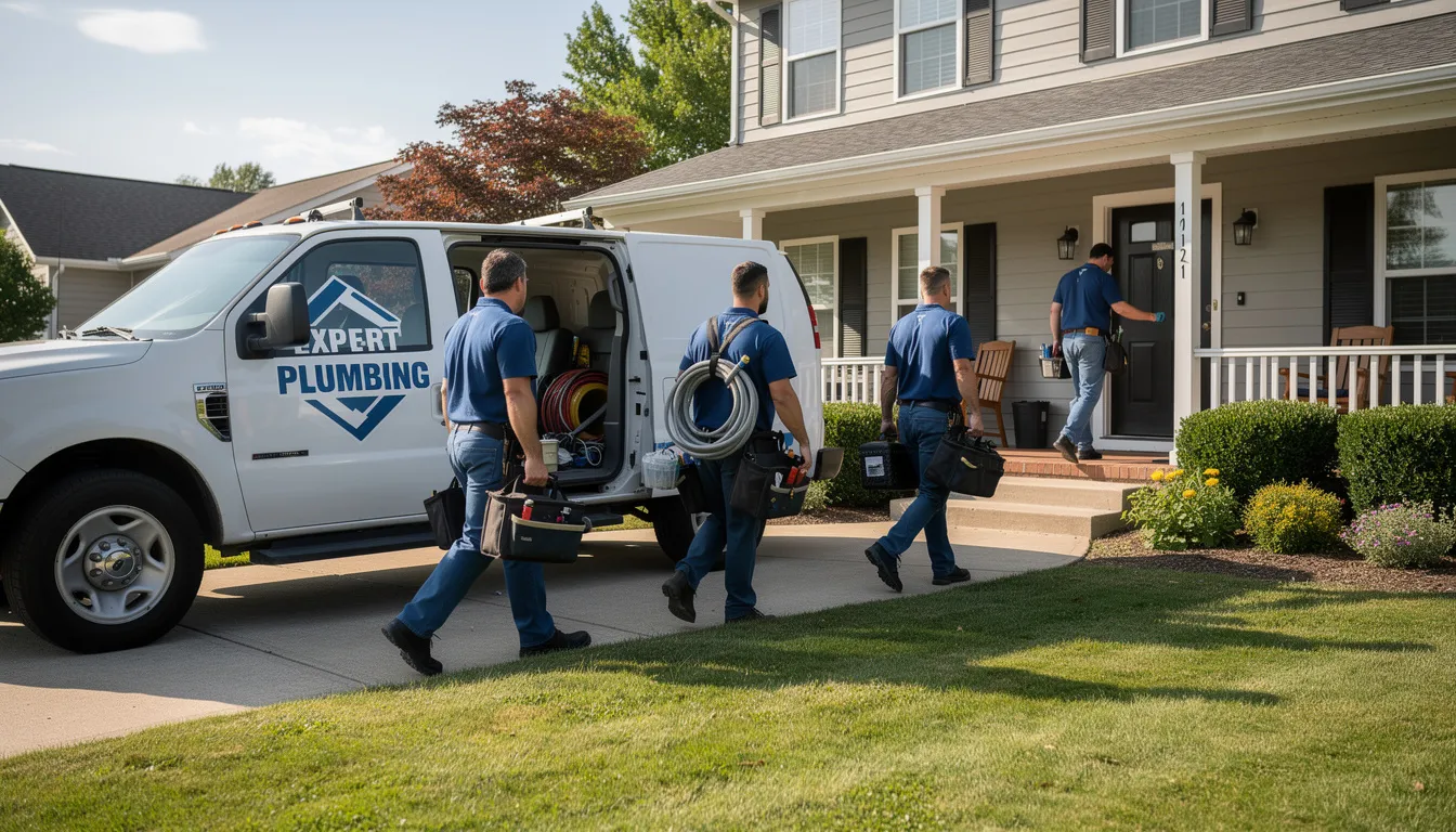 A team of plumbers arrives at a residential home, equipped with tools for drain cleaning services to address potential clogged drain issues. They are prepared to tackle common plumbing problems, ensuring the home's plumbing system functions smoothly.