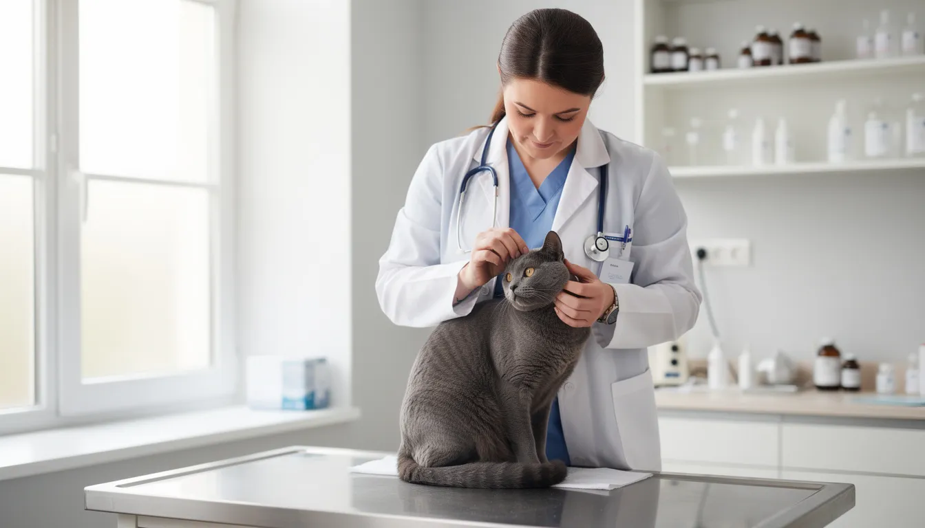 A veterinarian is gently examining an adult cat in a clinical setting, ensuring its health and looking for signs of feline parvovirus infection. The vet's careful approach highlights the importance of regular check-ups for both unvaccinated and vaccinated cats to prevent severe diseases.