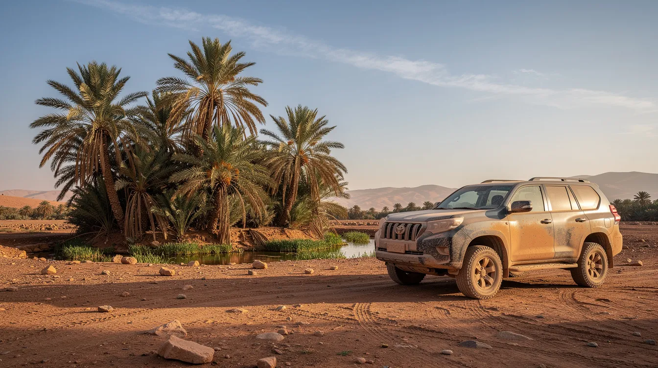 طوموبيل SUV مباركية فبلاصة ديال التراب وسط النخل.
