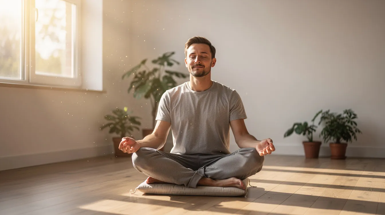 The image depicts a man meditating peacefully in a sunlit room during the morning, embodying tranquility and mental health. This serene setting may symbolize the importance of a healthy lifestyle and its connection to sexual wellness and overall well-being.