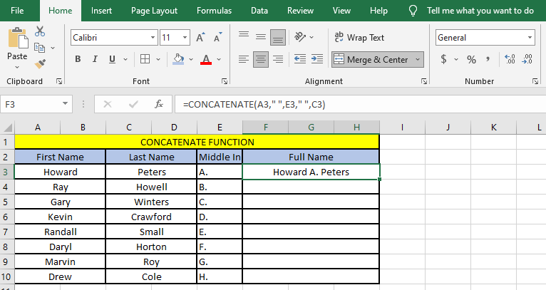 "Howard A. Peters" now is your stringed data using the Concatenate Formula.