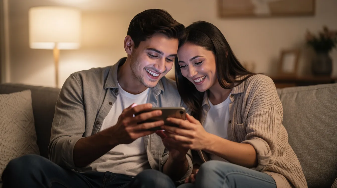 A couple sits closely together, sharing a cellphone, smiling and laughing as they enjoy a moment from their love life, possibly discussing their dating app success story. Their joyful expressions reflect the excitement of early days in their committed relationship.