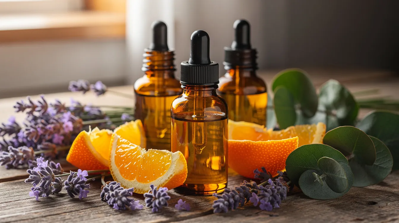 The image features an arrangement of glass bottles filled with various essential oils, including lavender essential oil and eucalyptus, surrounded by fresh lavender sprigs, orange peels, and eucalyptus leaves on a rustic wooden surface. This natural display highlights the soothing aromas and therapeutic benefits of certain essential oils, making it a perfect representation of holistic aromatherapy.