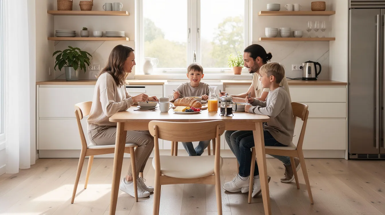 I bilden ses ett modernt svenskt kök med ett runt matbord i massivt trä, där en familj sitter och äter frukost. Bordet har plats för sex personer och omges av stiliga stolar, vilket skapar en hemtrevlig atmosfär.