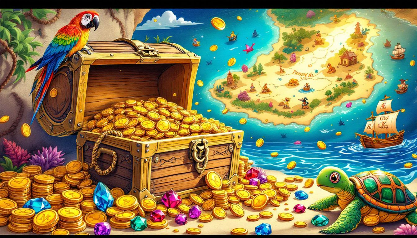 A treasure chest overflowing with gold coins and jewels, representing the excitement of Sea of Thieves cheats.