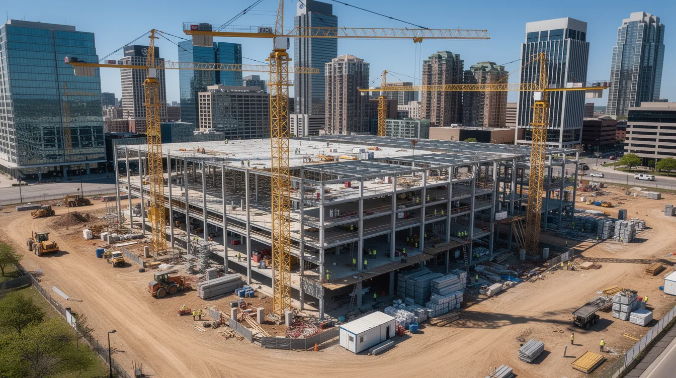 An aerial view of a bustling commercial construction site showcases cranes and steel framing, set against a vibrant city skyline. This image represents the dynamic environment of the construction industry, where contractors can implement effective marketing strategies to attract potential clients and enhance their business growth.