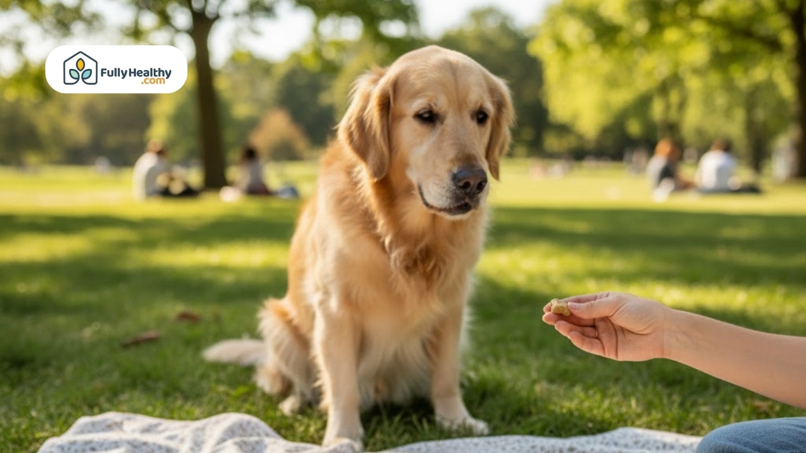 Golden retriever looks at treat in hand while sitting on picnic blanket