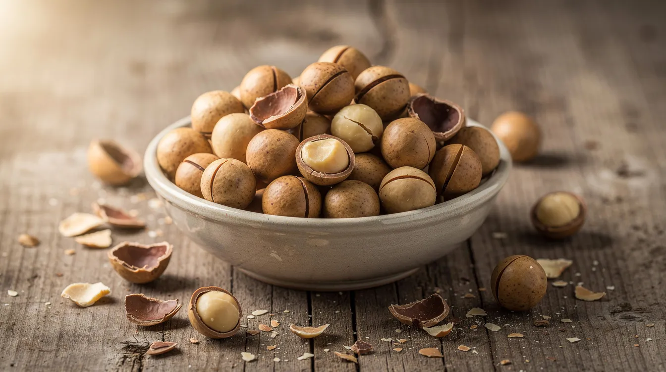 A bowl of fresh macadamia nuts sits on a rustic wooden surface, illuminated by natural light. These tree nuts are known for their healthy fats and numerous health benefits, making them a nutritious snack option.