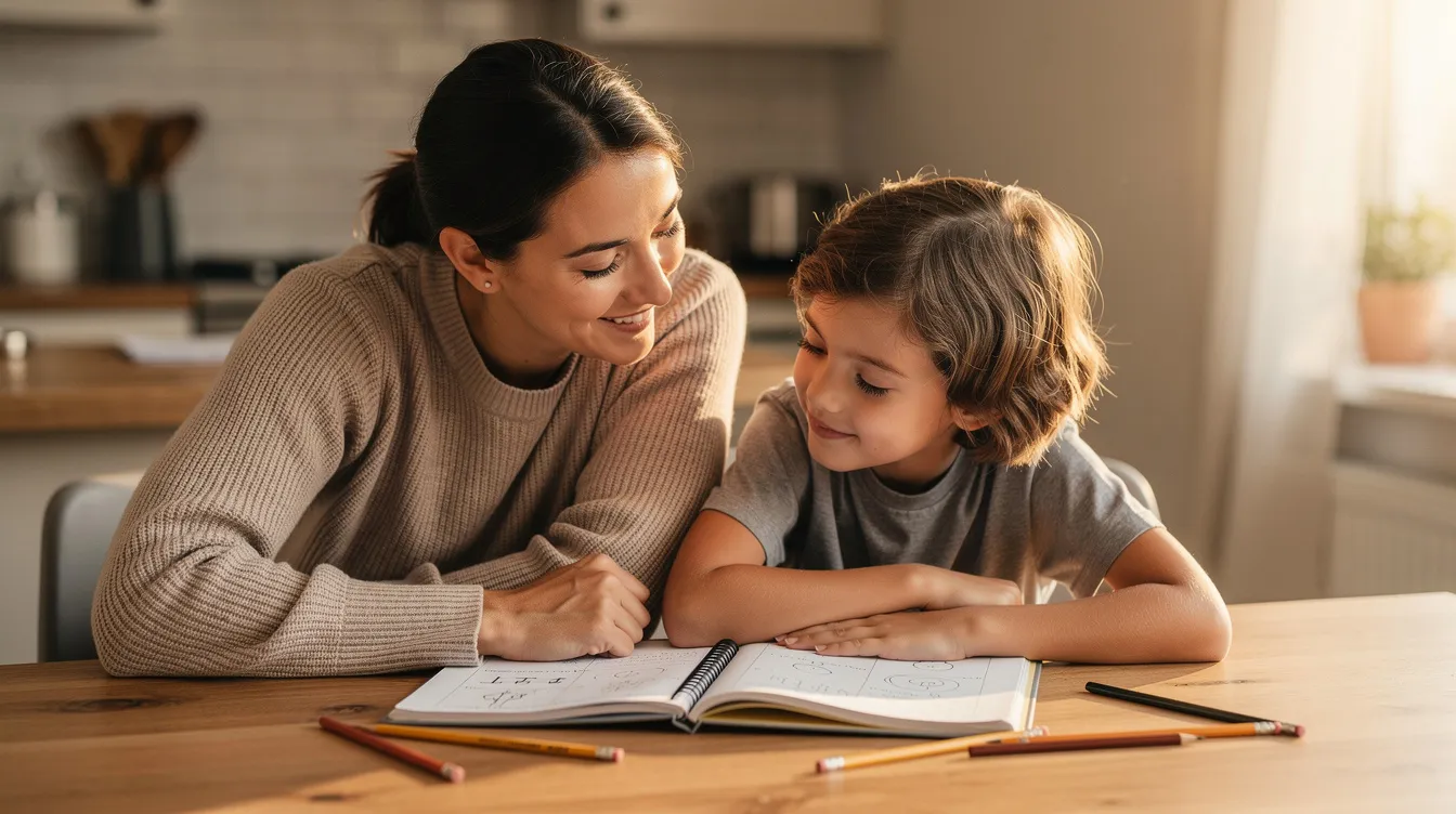 A parent sits patiently beside a child at a kitchen table, both focused on homework that includes spelling words and math problems. Their expressions convey support and encouragement as they work together to break down tasks into manageable chunks, helping the child enhance their working memory and cognitive development.