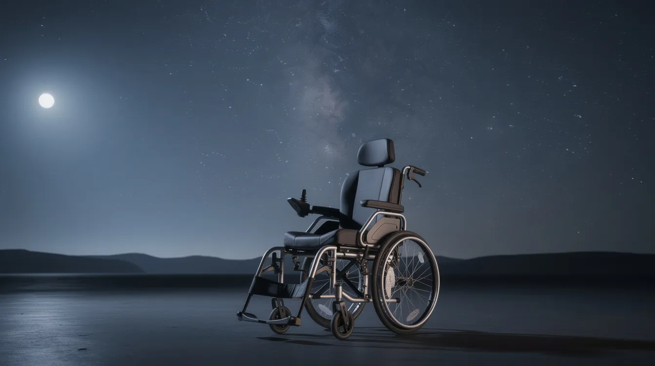 Das Bild zeigt einen elektrischen Rollstuhl, der vor einem beeindruckenden Sternenhimmel bei Nacht steht. Die funkelnden Sterne und die tiefblaue Himmelsfarbe schaffen eine Atmosphäre der Schwerelosigkeit, die an die Theorien von Physikern wie Stephen Hawking erinnert, der trotz seiner amyotrophen Lateralsklerose bedeutende Beiträge zur Wissenschaft geleistet hat.